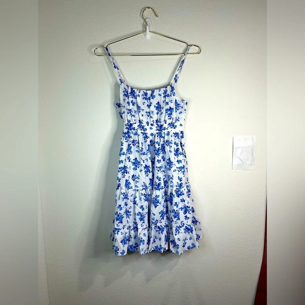 SHEIN Girls 11-12 Blue & White Floral Sundress Tiered Ruffle Skirt, Cottagecore